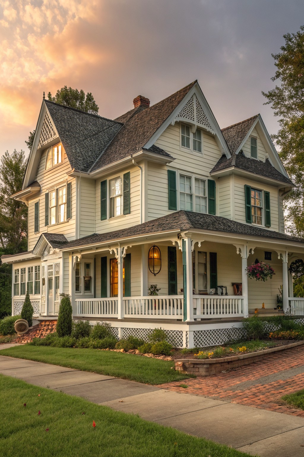 A two-story white Victorian farmhouse with green shutters, dark shingled roof, and decorative gingerbread trim on multiple gables and the front porch.