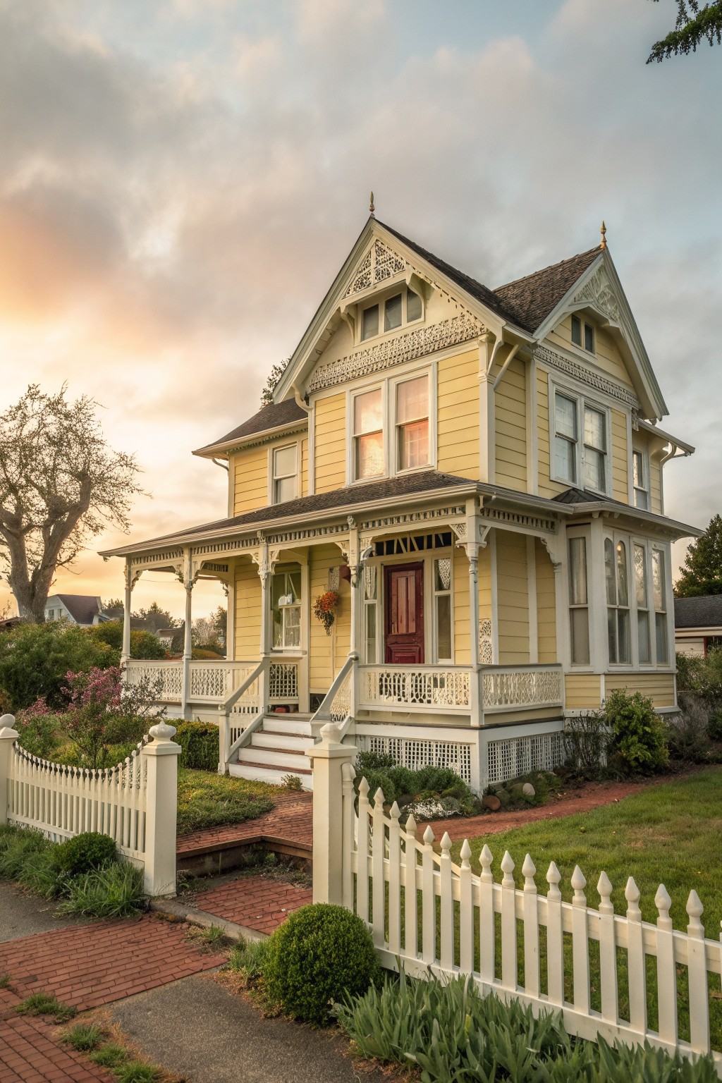 A two-story yellow Victorian farmhouse with white gingerbread trim on the gables, eaves, and porch.