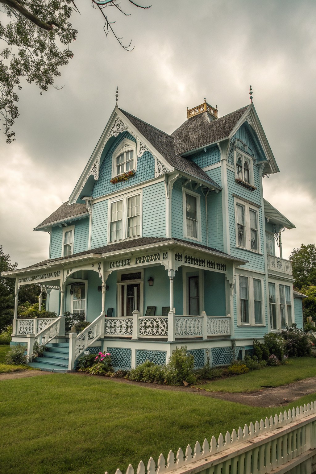 A light blue Victorian farmhouse with white gingerbread trim along the gables, porch, and eaves.
