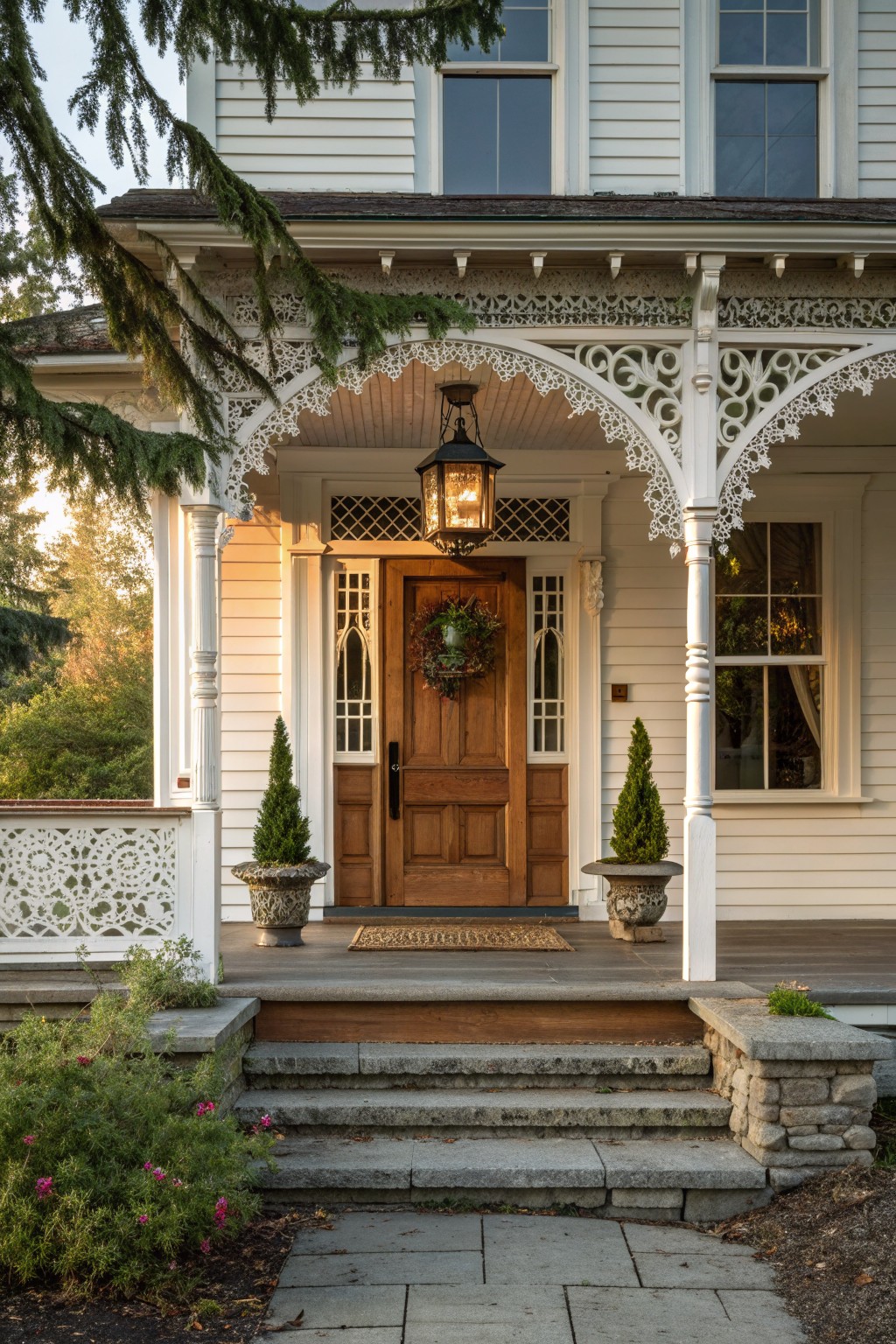 Front view of a white Victorian farmhouse porch with white gingerbread trim on the arches, a wooden door with a wreath, two potted evergreens, and stone steps.