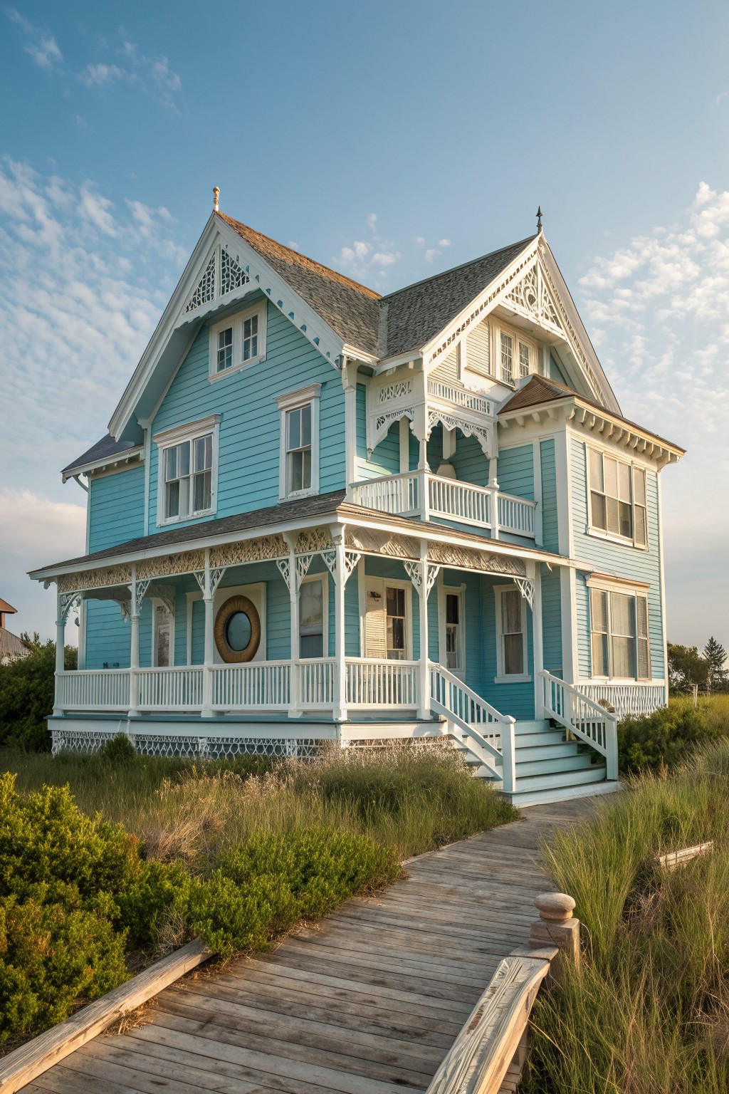 Large light-blue Victorian house with white trim, porches, and boardwalk amid grass