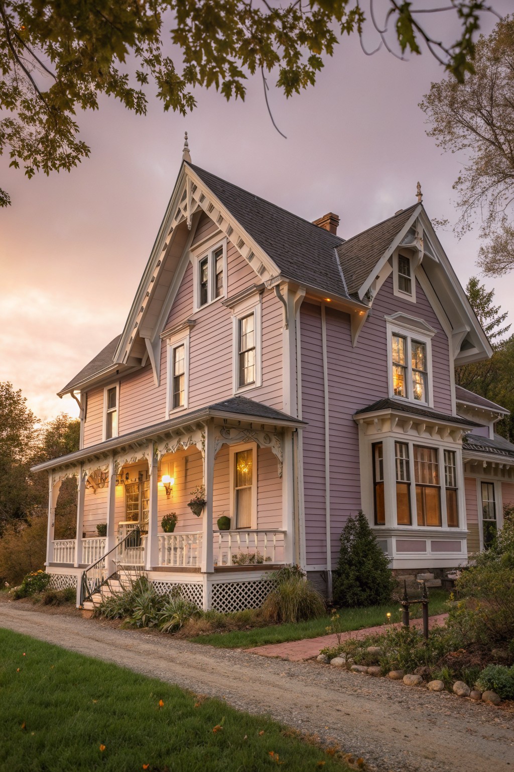 Ornate pink Victorian house with white trim, lit windows, and porch at dusk
