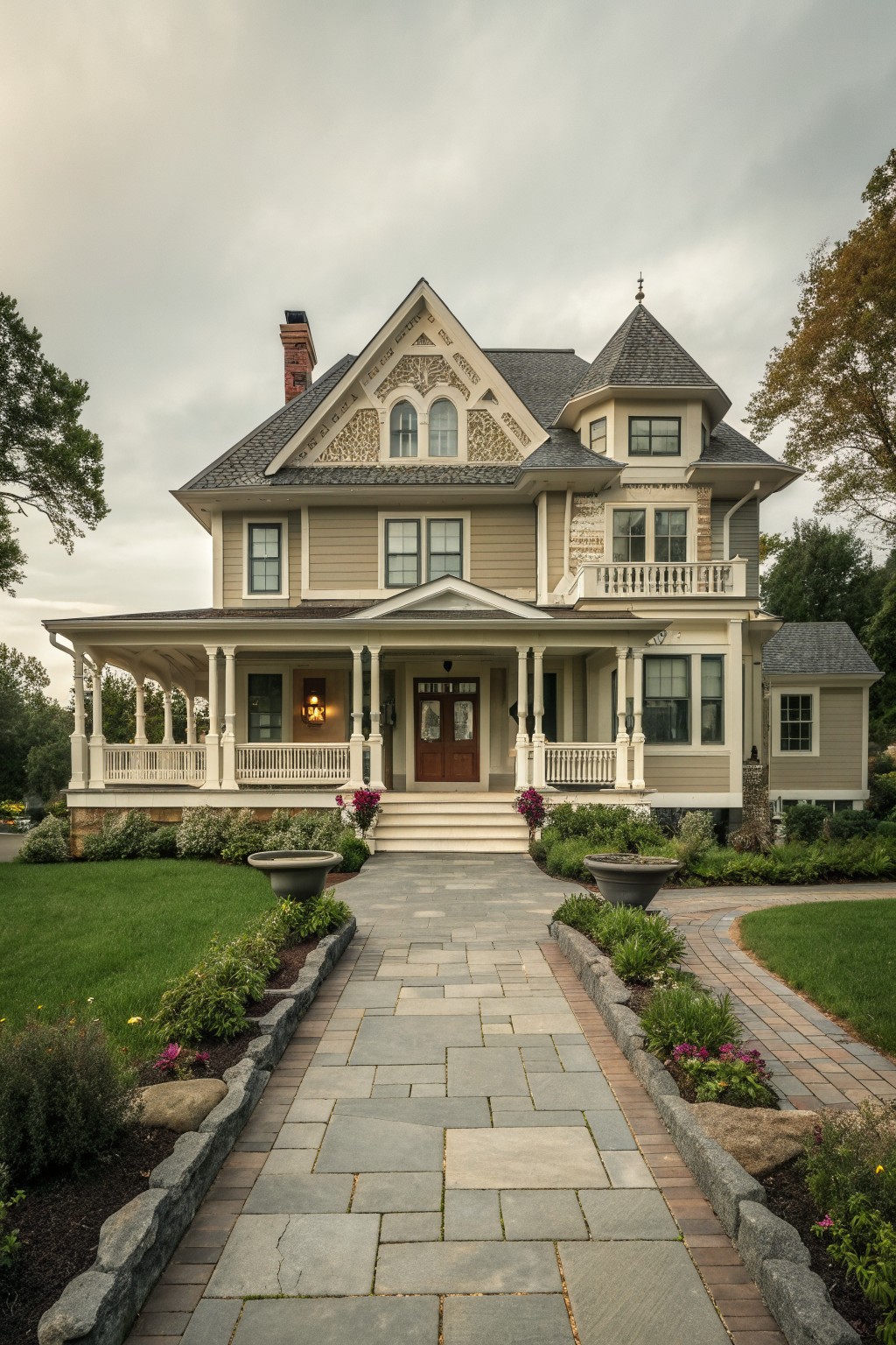 Large Victorian house with wraparound porch, turret, and stone pathway to entrance