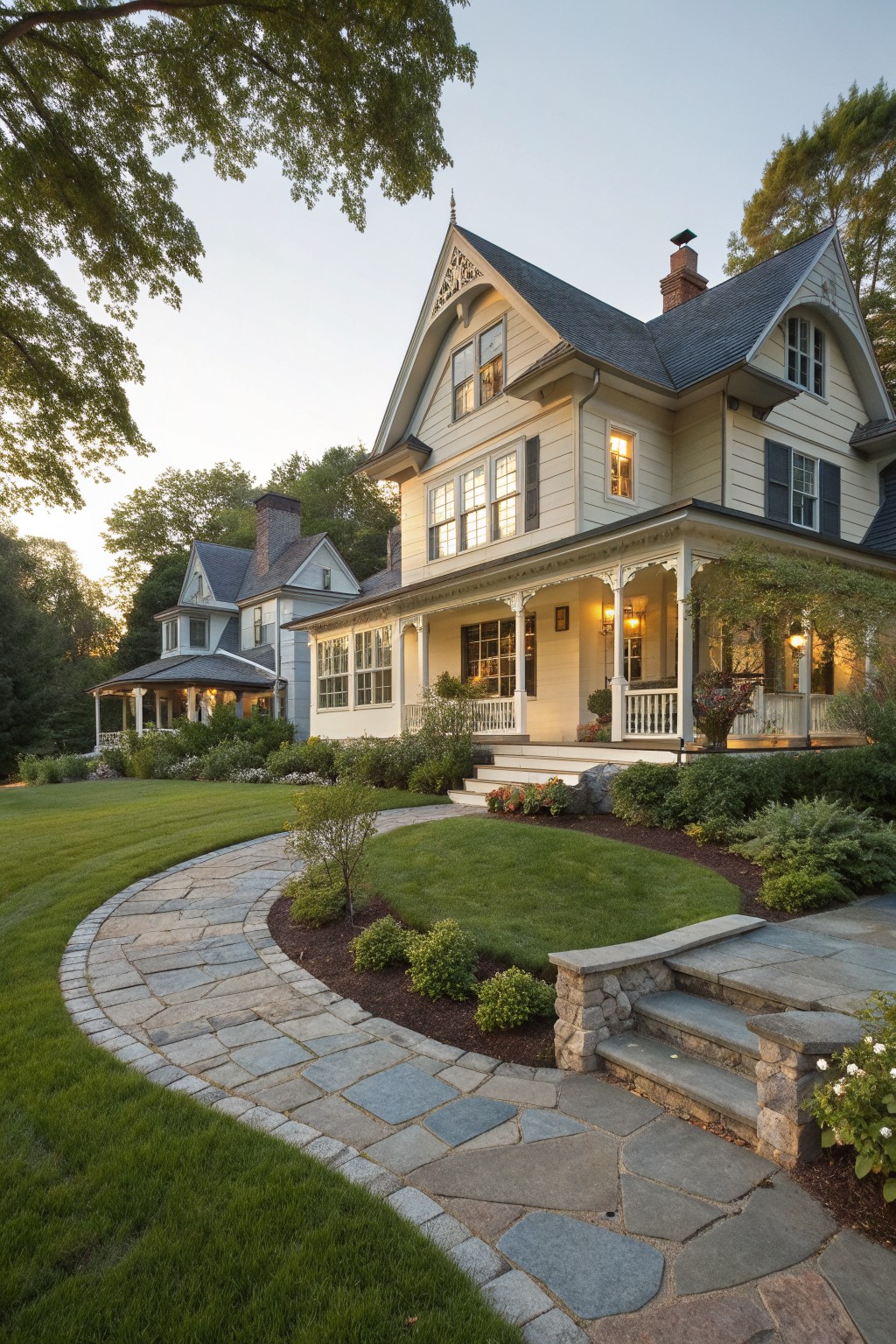 Elegant Victorian house with wraparound porch, stone path, and lush lawn at dusk