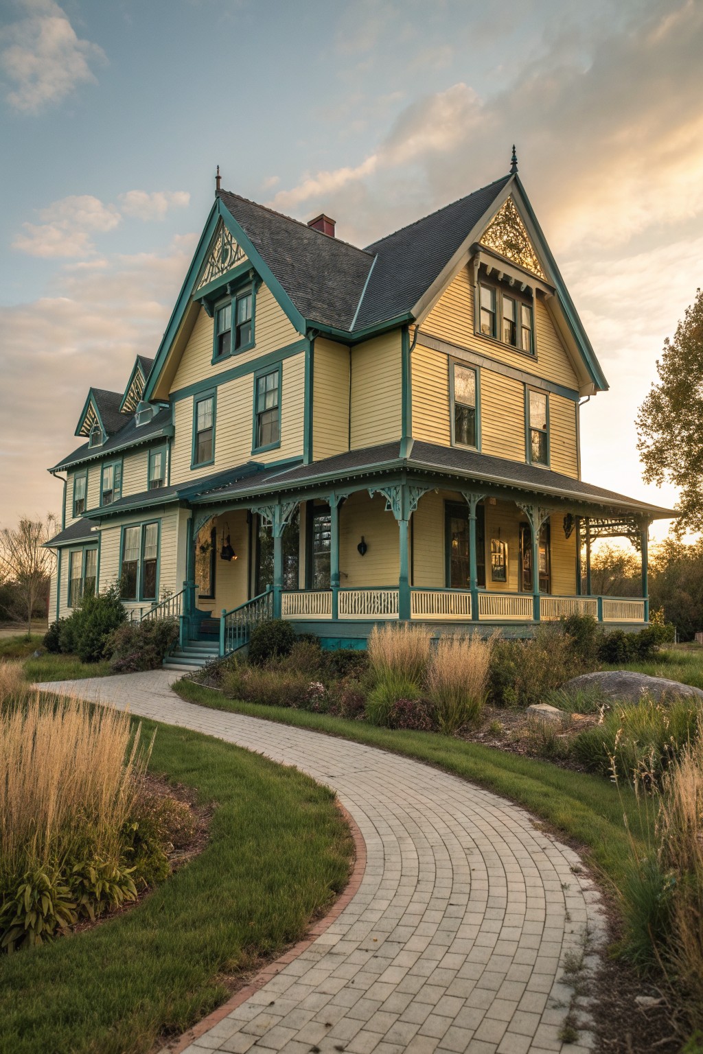 Yellow Victorian house with teal trim, wraparound porch, and curving brick path at sunset