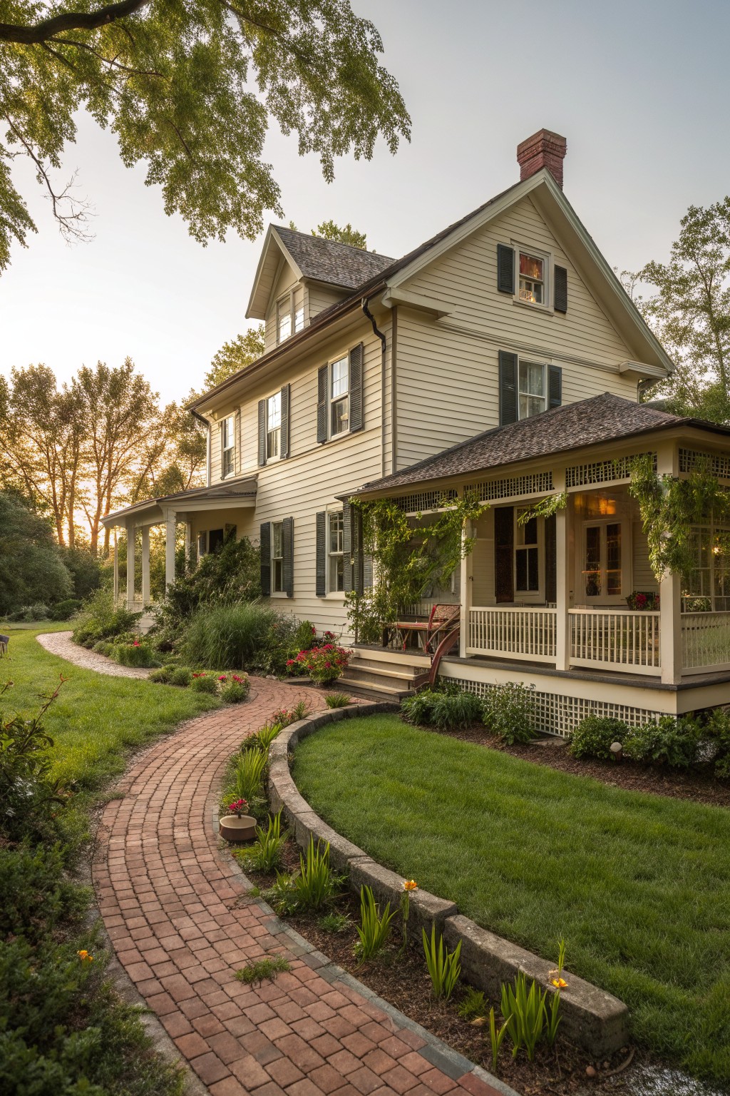 A two-story Victorian farmhouse with pale yellow siding, dark shutters, a wraparound porch featuring white gingerbread trim, and a curving brick path through the front lawn.
