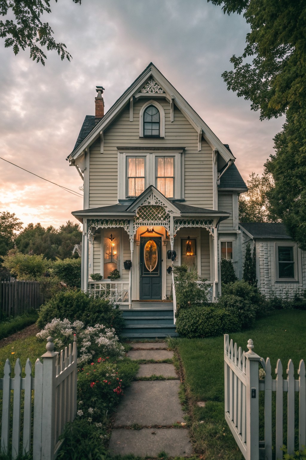 Victorian house with ornate porch, lit windows, and garden path at dusk