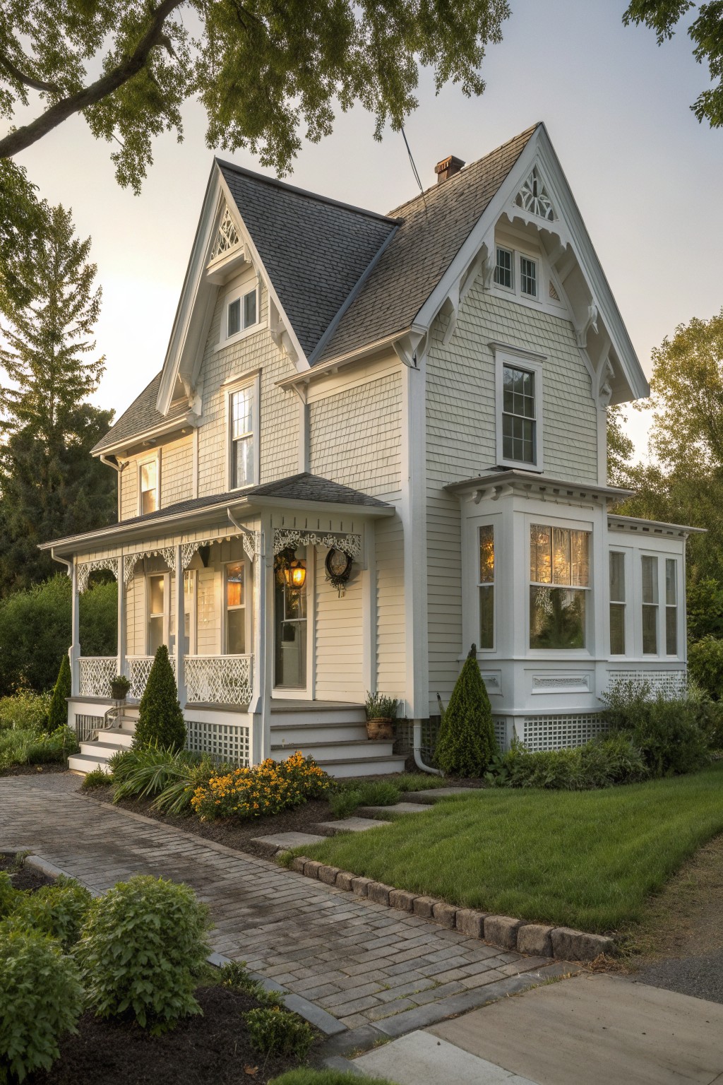 A two-story Victorian farmhouse exterior with light gray siding, white gingerbread trim on the porch and gables, a brick walkway, and a small front lawn.