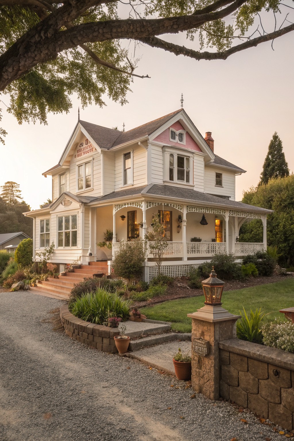 A two-story white Victorian farmhouse with pink gable accents and ornate white gingerbread trim along the wraparound porch, seen from a gravel path with potted plants and a stone pillar in the foreground.