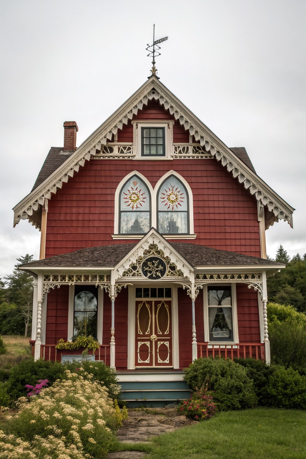 Red Victorian house with white ornate trim, arched windows, and blooming garden porch