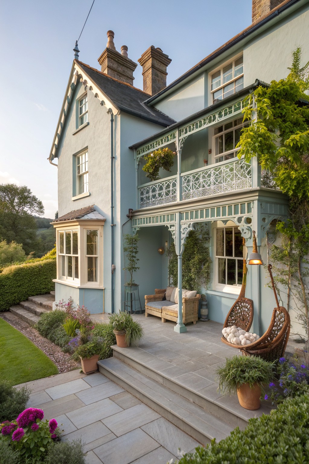 Light blue house with ornate balcony, patio seating, hanging chair, and garden plants