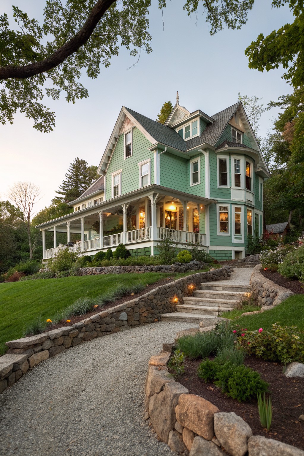 Green Victorian house with lit windows, wraparound porch, stone steps, and gravel drive.