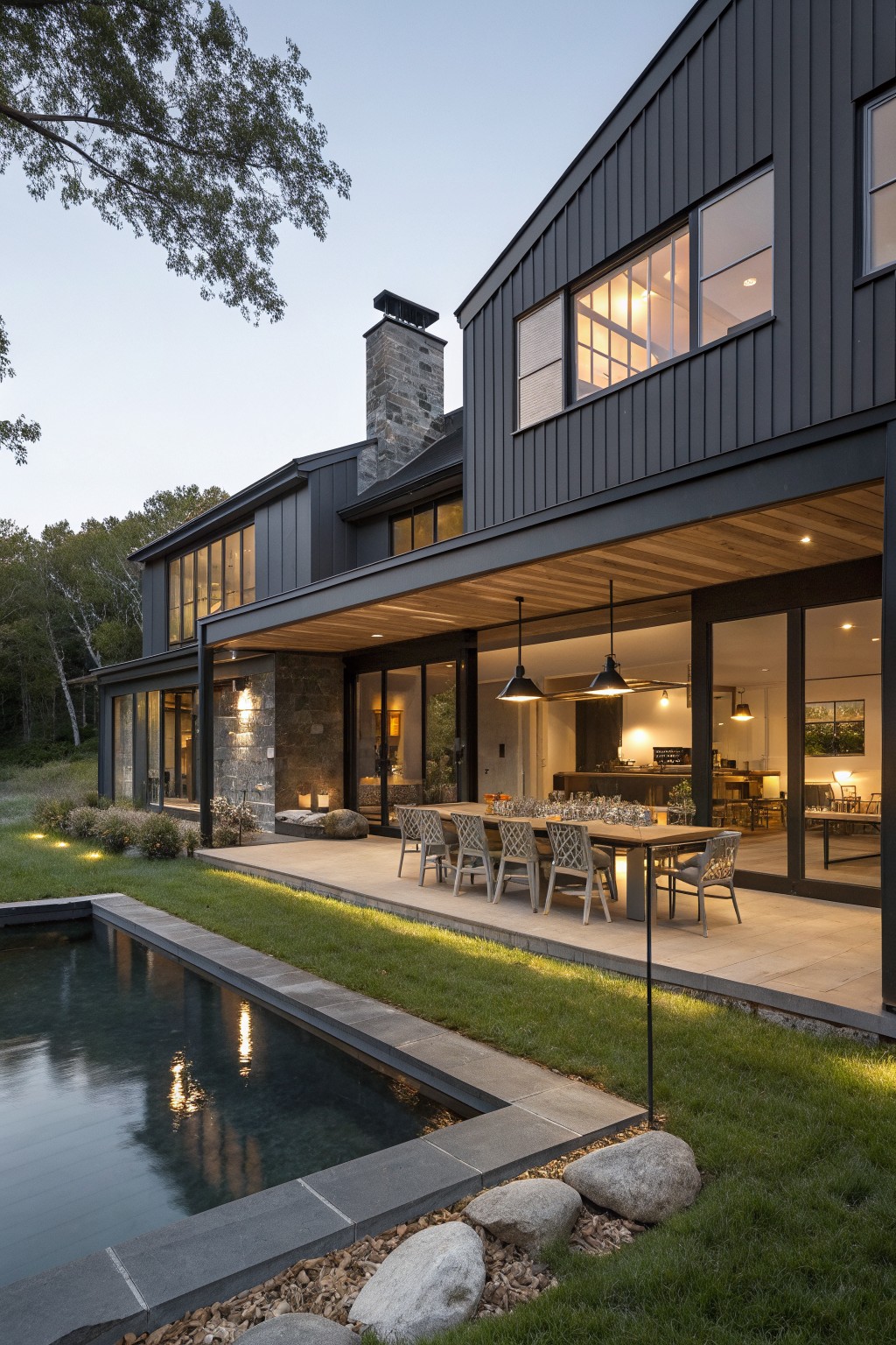A dark gray modern farmhouse with a large covered patio holding an outdoor dining table, open sliding doors to the interior, and a pool in the foreground.