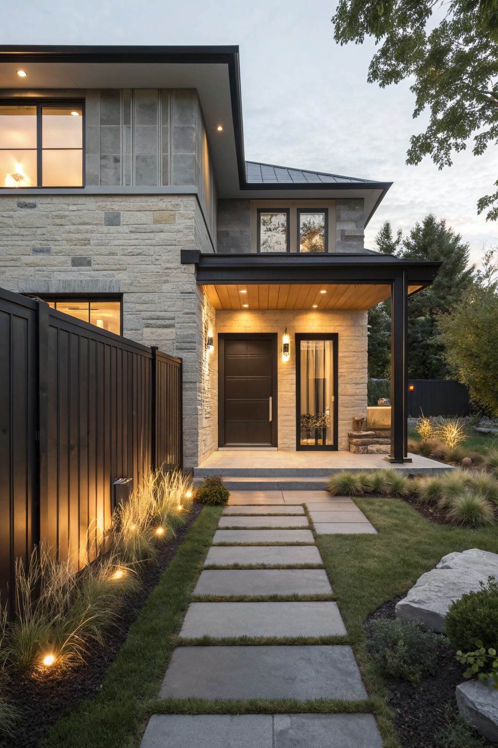 Modern farmhouse exterior with light stone walls, a dark front door under a covered porch, and a stone pathway through grass leading to the entrance.