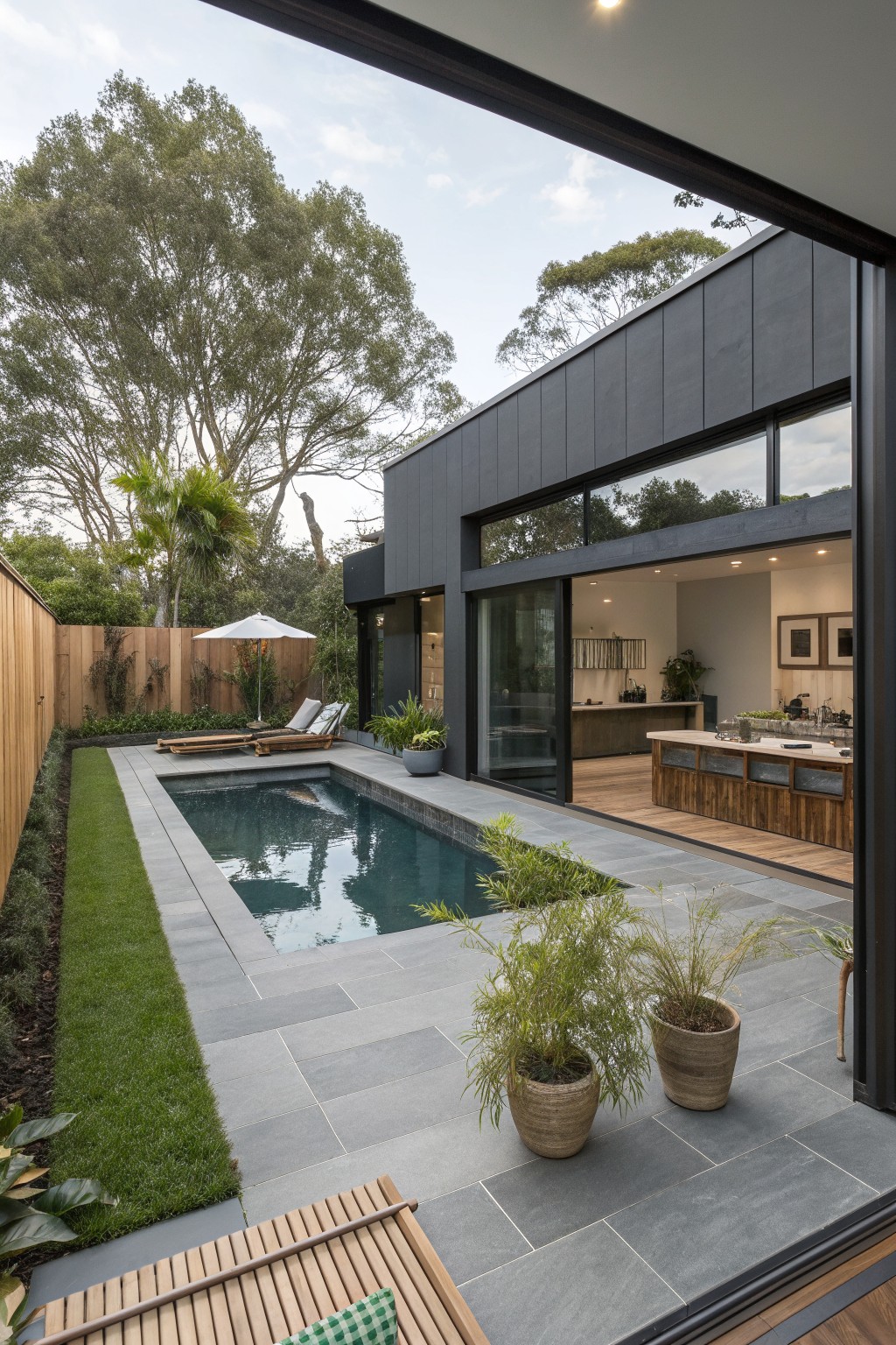 Modern dark gray house exterior with large glass doors opening onto a stone patio and rectangular pool, with potted plants and lounge chairs visible.