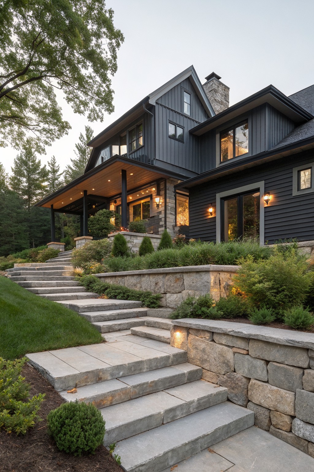 A two-story modern farmhouse with dark gray vertical siding, stone foundation walls, and wide stone steps leading to a covered entry porch.
