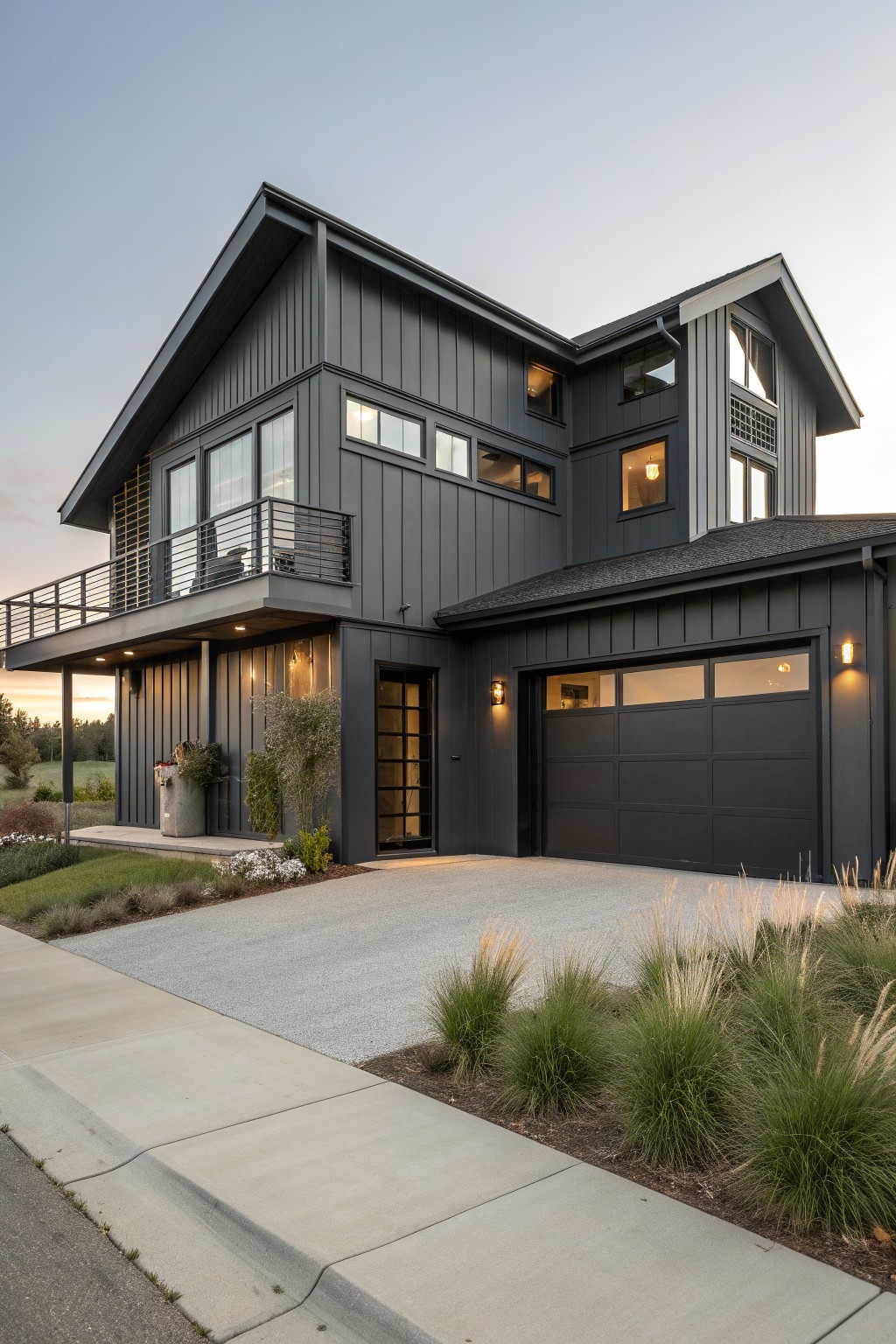 Modern dark gray two-story house with balcony, garage, and landscaped driveway at dusk