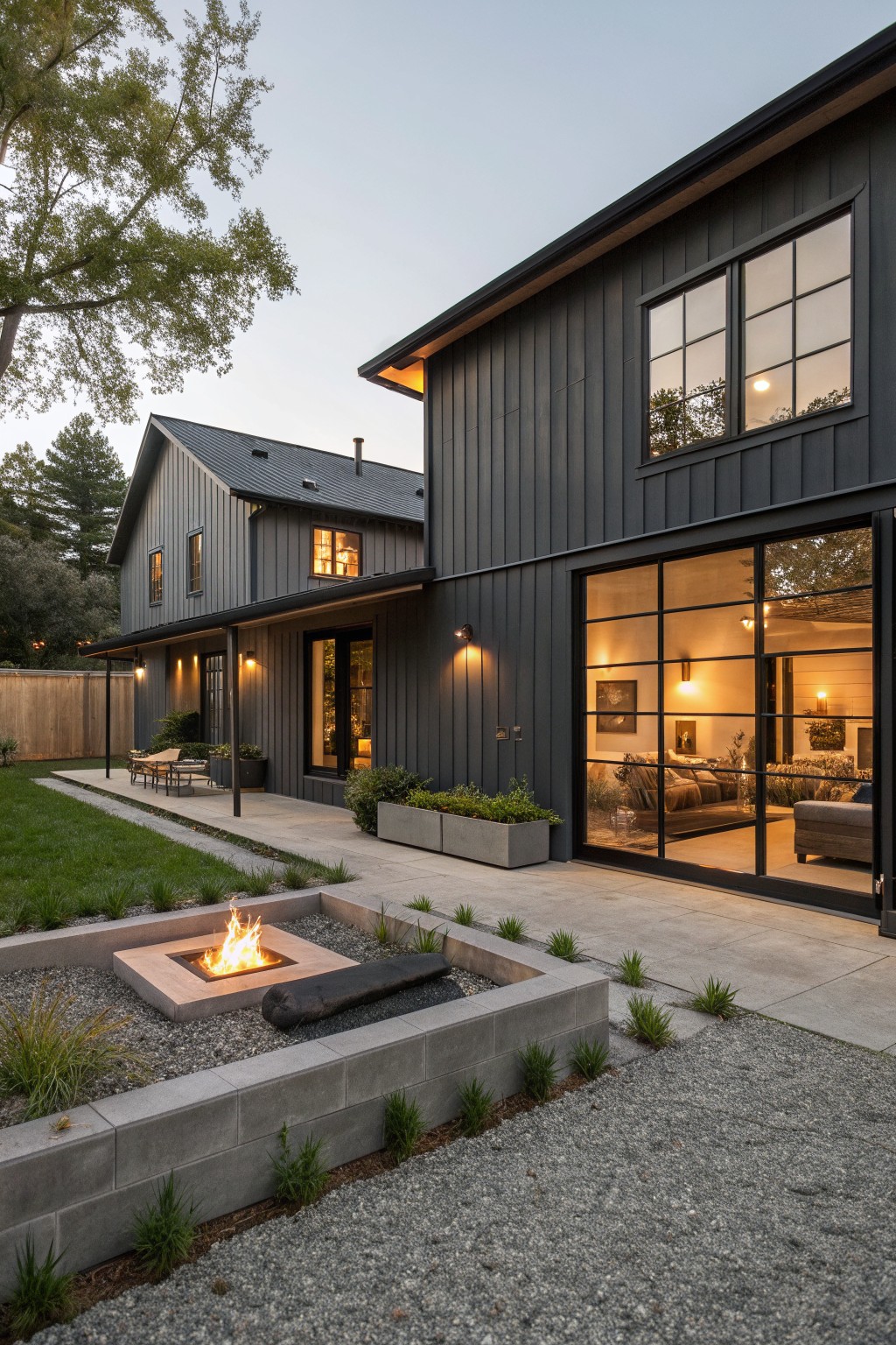 A modern two-story farmhouse with dark gray vertical siding, black-framed windows, and a concrete fire pit on the gravel patio.