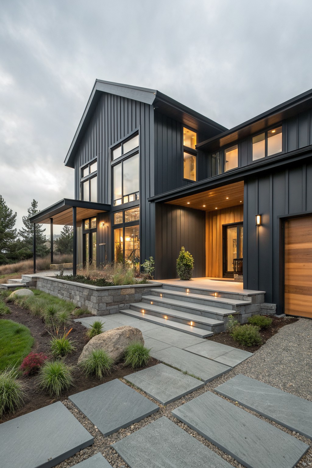 Two-story modern farmhouse exterior with dark gray vertical siding, large windows, wood accents at the entry and garage door, and concrete steps with small lights.