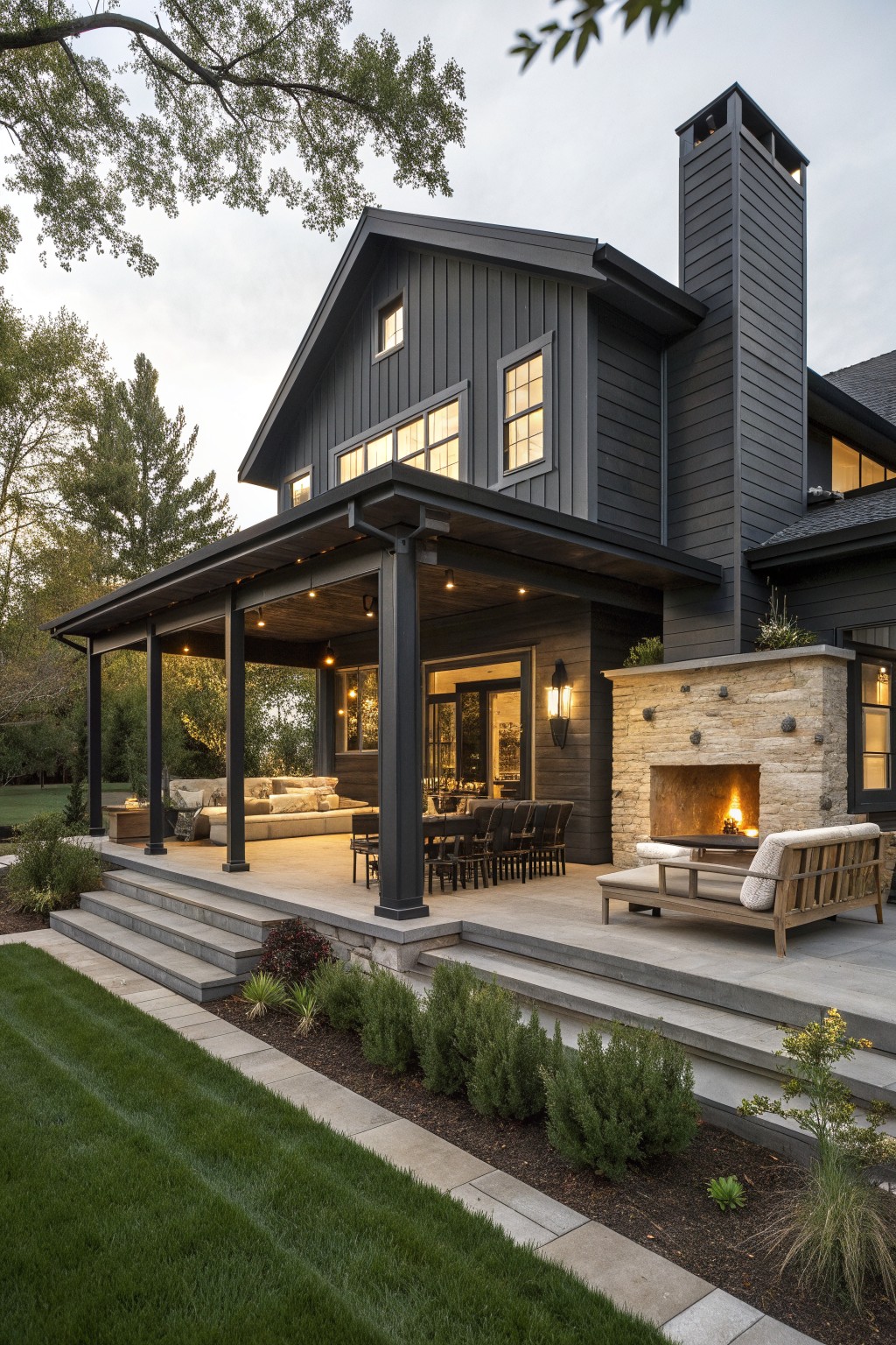 A two-story modern farmhouse with dark gray siding, a large covered porch containing seating and a dining table, a stone outdoor fireplace on the patio, and steps leading down to a lawn.