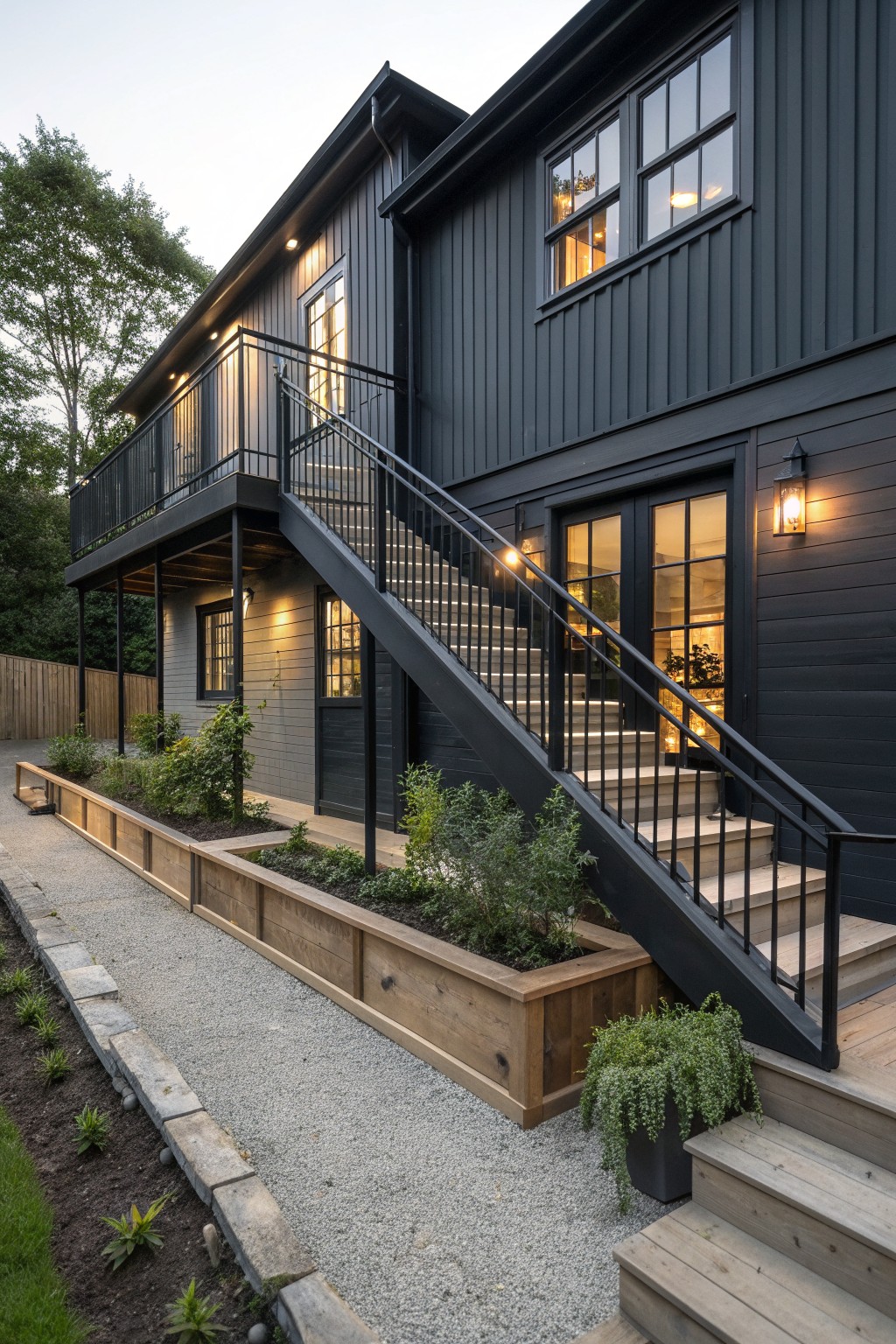 Modern two-story farmhouse with dark gray vertical siding, black trim, external black metal staircase, and raised wooden garden beds along a gravel path.