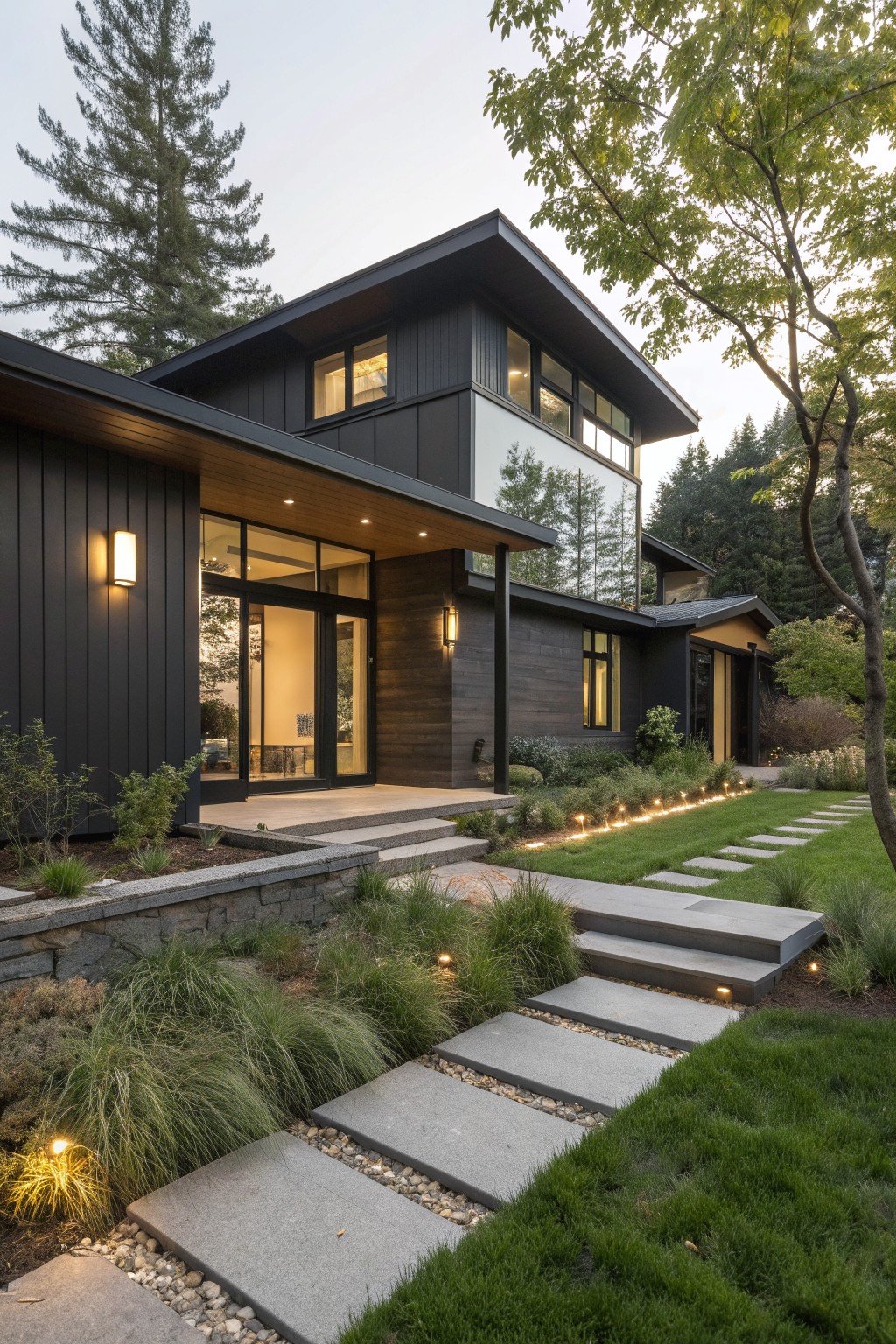 Modern dark house with glowing pathway, stone steps, and lush garden at dusk.