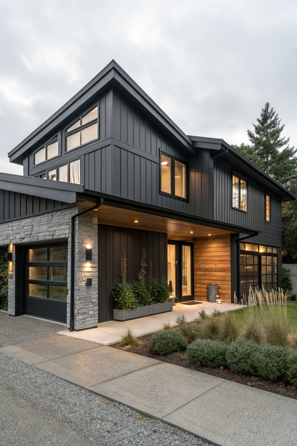 A two-story modern farmhouse with dark gray vertical siding, black window trim, stone on the garage wall, and a covered entry with wood ceiling and recessed lighting.