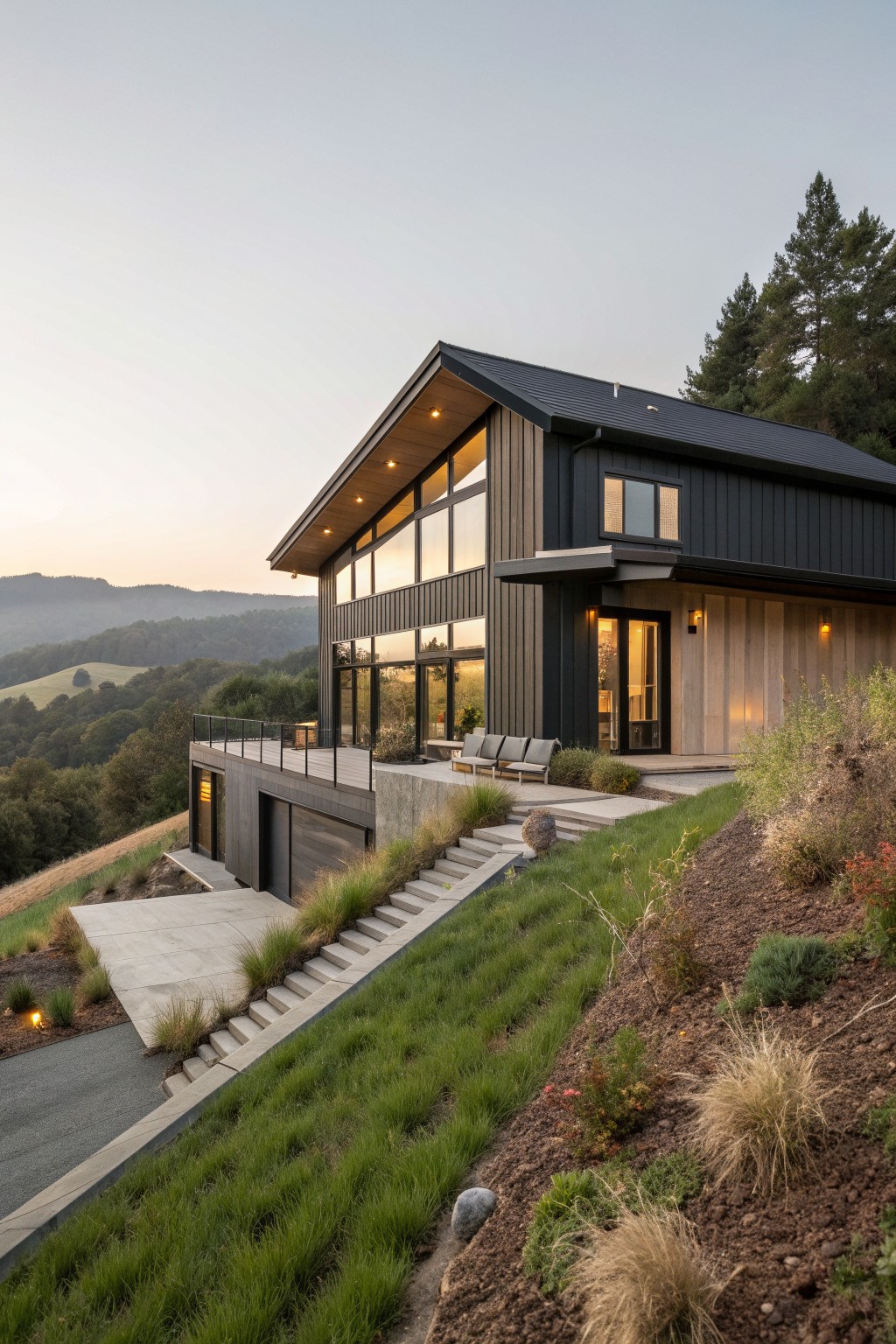 Modern dark wood hillside home with large windows, balcony, and concrete stairs at dusk