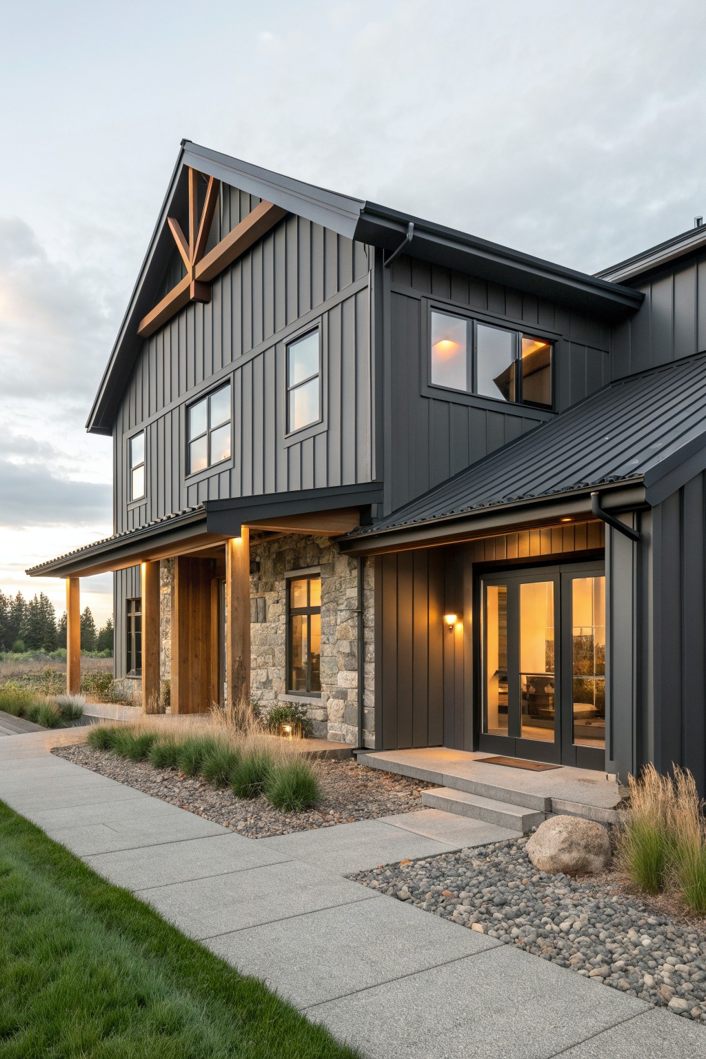 Modern dark gray house with stone accents, wooden beams, and lit entryway at dusk