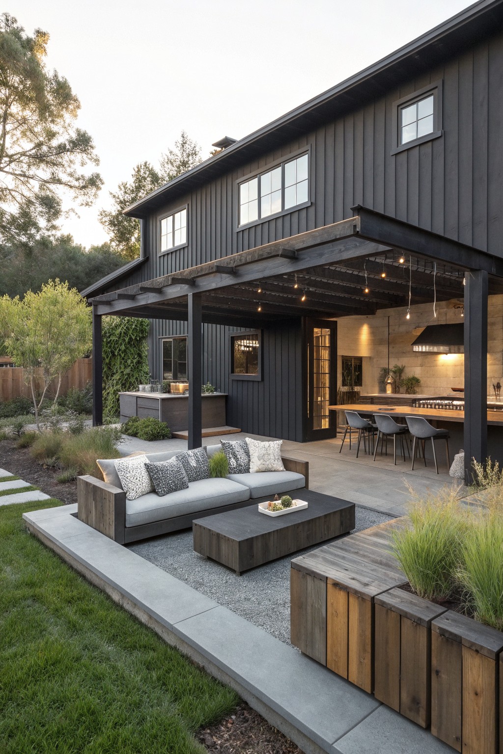 Dark gray modern farmhouse exterior with a large covered patio containing an outdoor kitchen, dining table with chairs, and a lounge sofa with coffee table on a gravel and concrete surface.