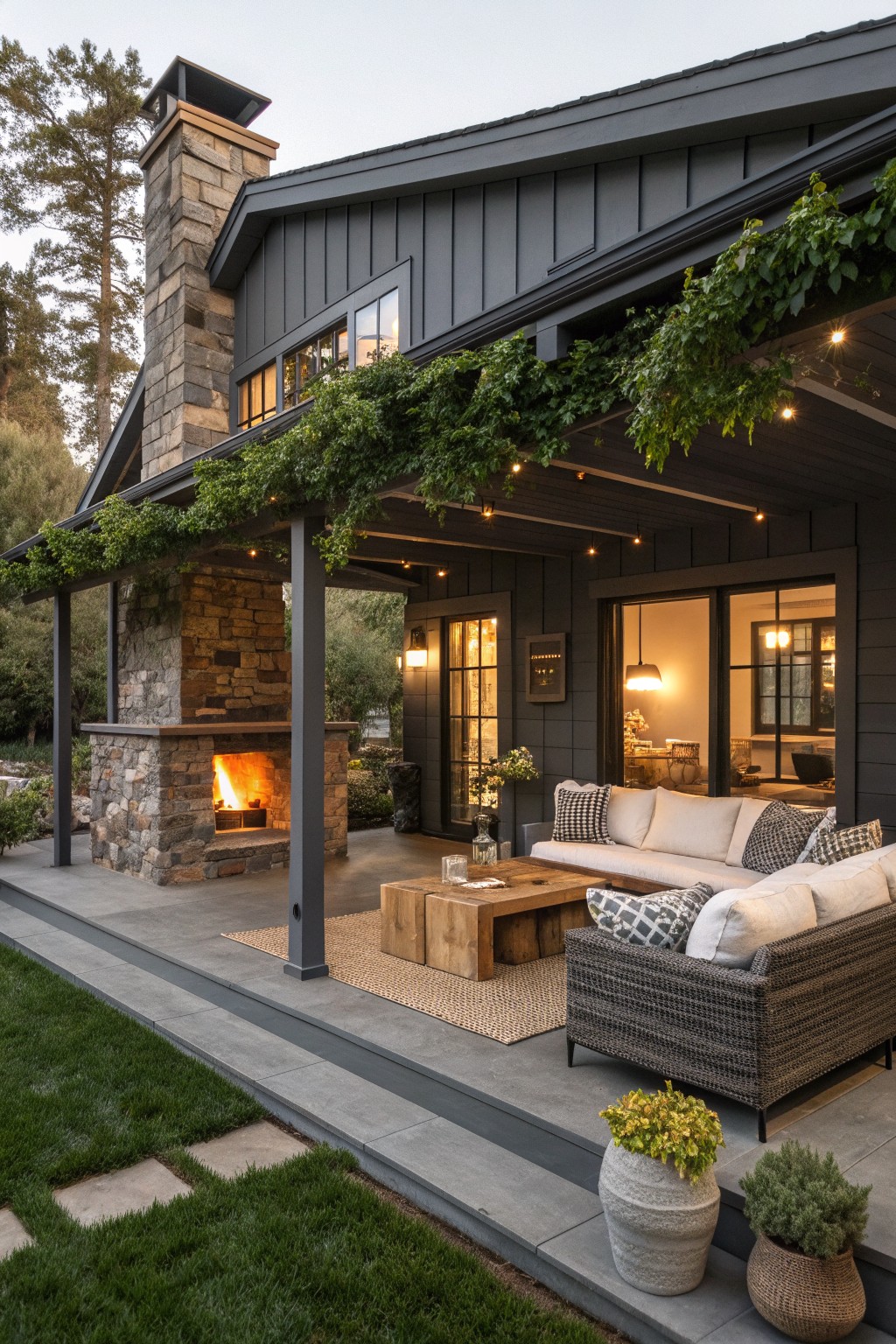 Modern dark house patio with stone fireplace, wicker sofa, wooden table, and string lights.