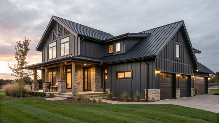 Modern dark gray house with stone accents, wooden beams, and lit entryway at dusk