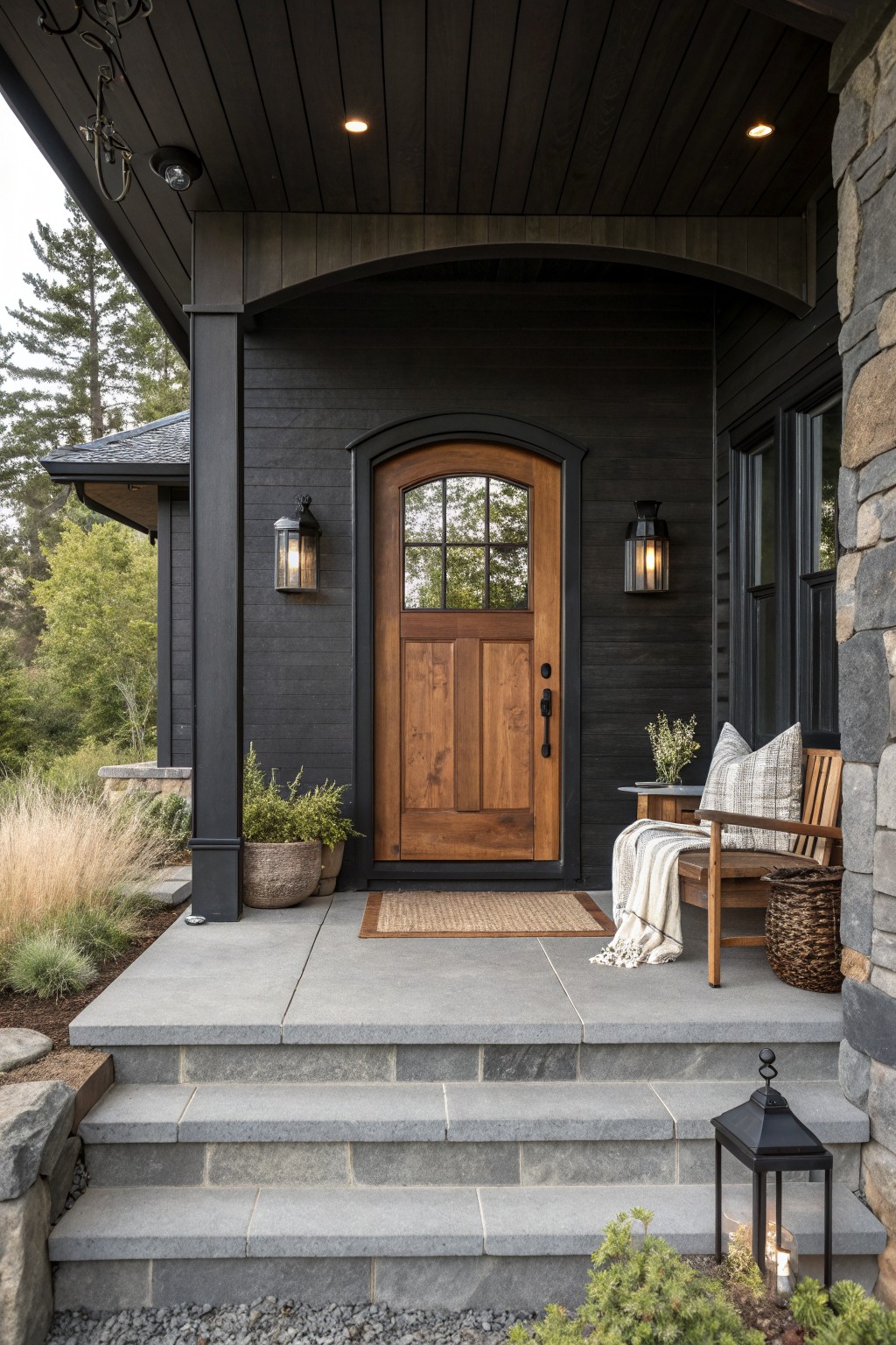 Front view of a dark gray modern farmhouse with an arched wood front door centered on a covered porch, black lanterns on either side, a stone pillar to the right, and concrete steps leading up.