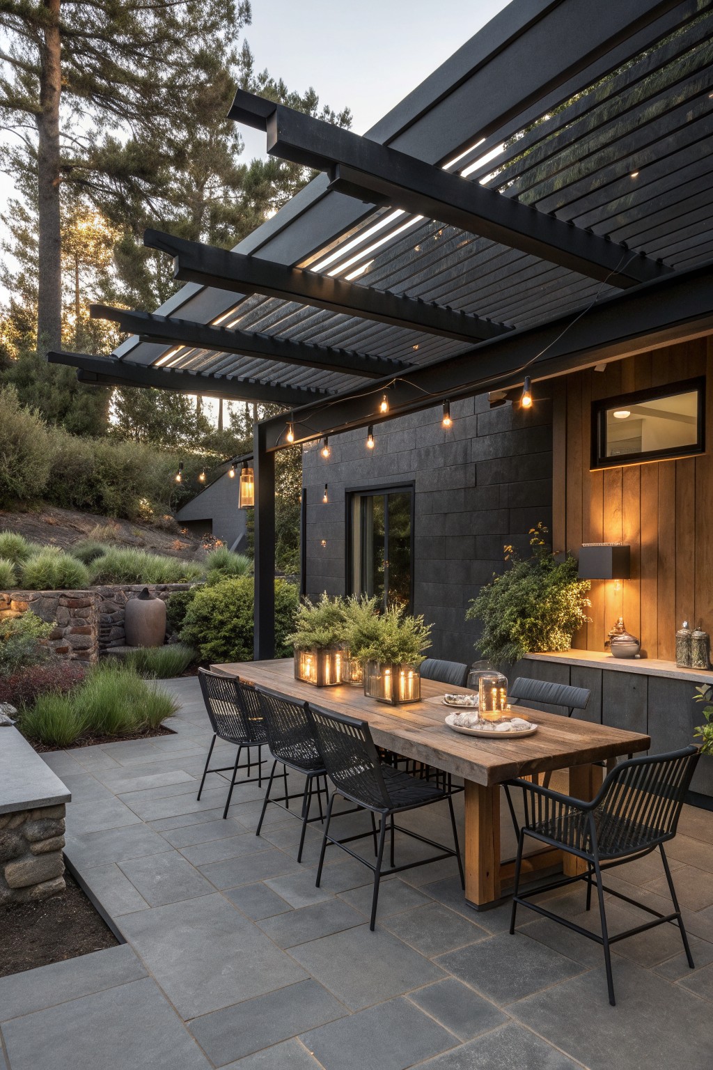 A wooden outdoor dining table with black woven chairs sits under a dark pergola with string lights on a stone patio next to a dark gray modern house.