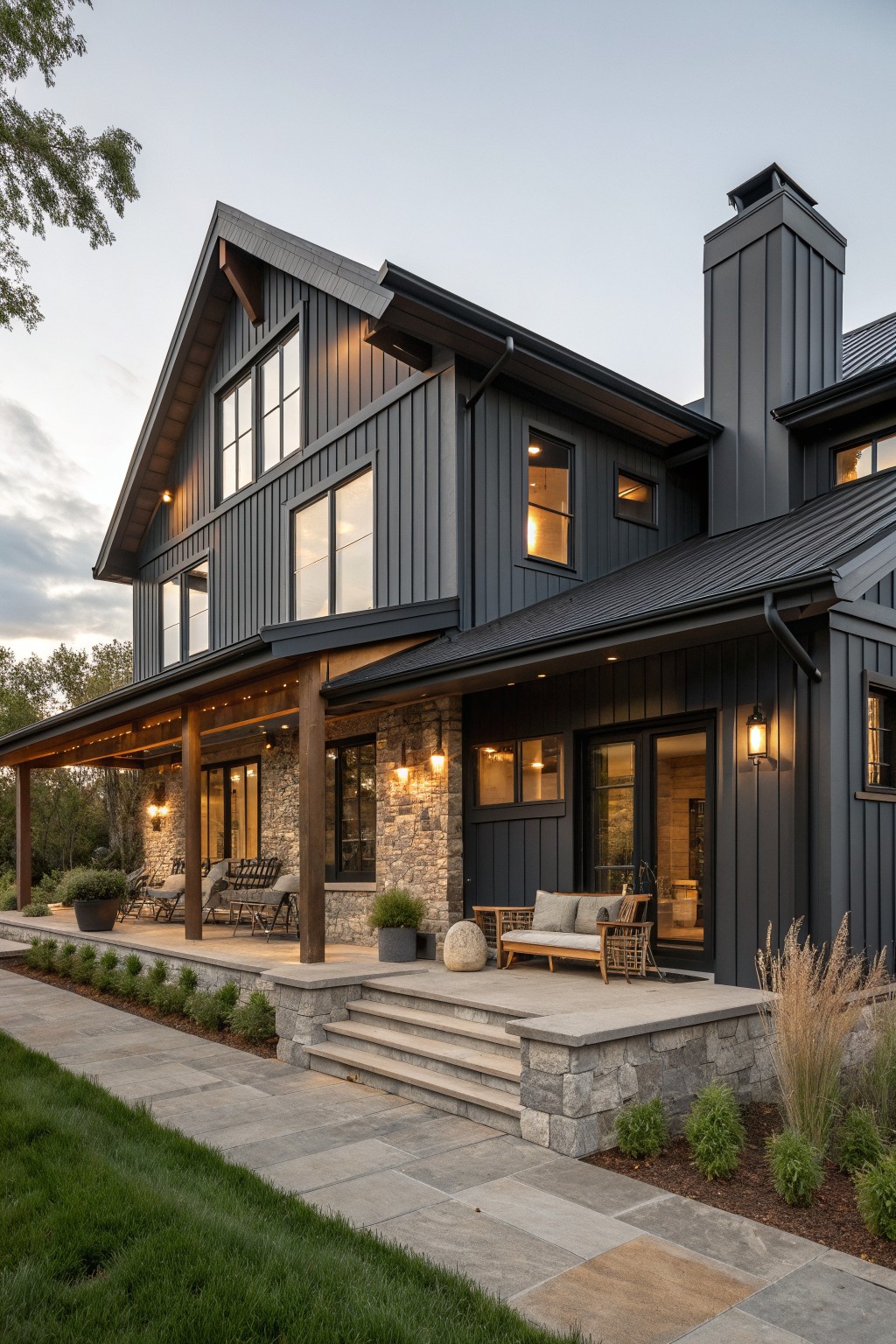 A two-story modern farmhouse with dark gray vertical siding, stone accents on the porch and chimney, a covered patio with seating, and stone steps leading to a paved walkway.