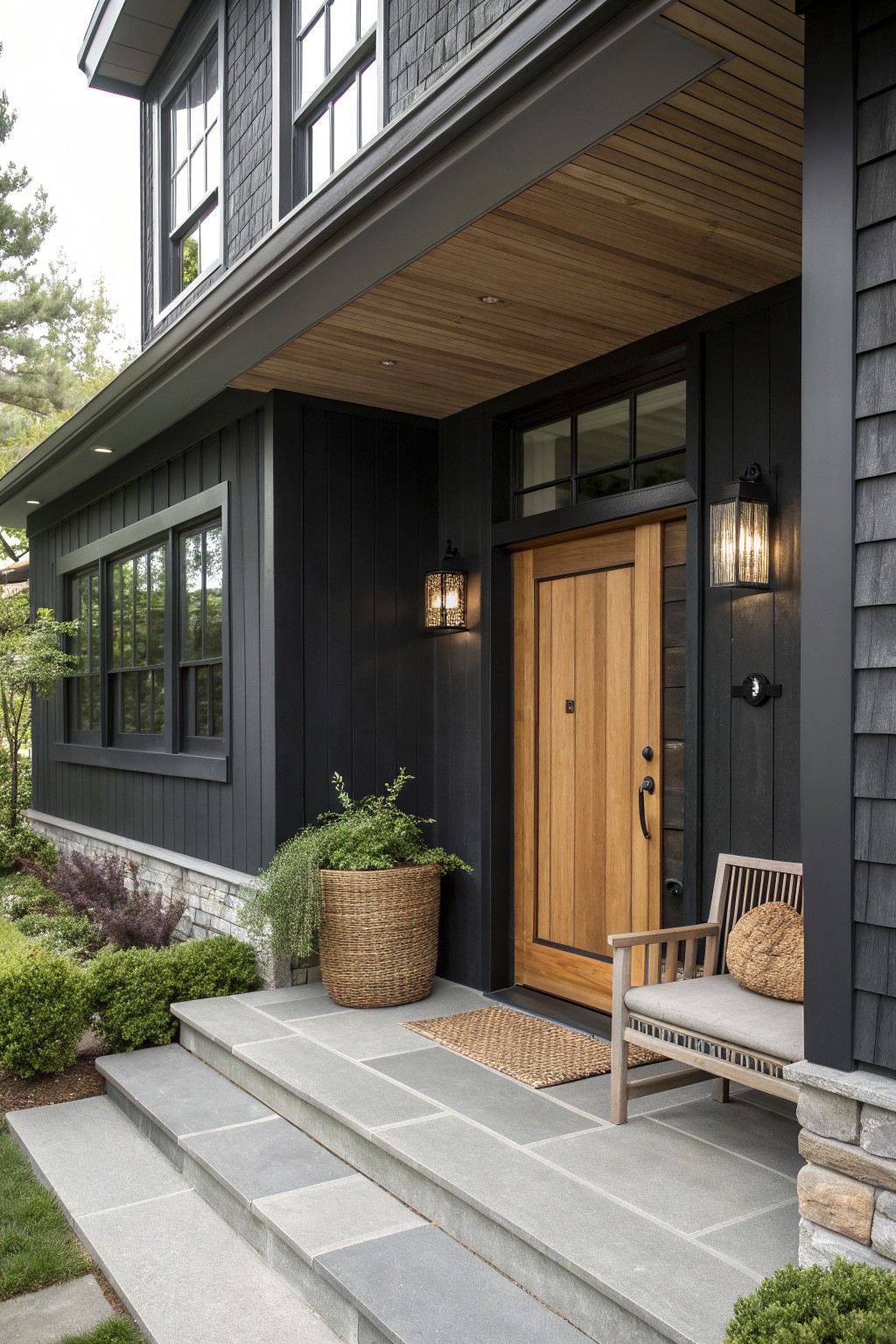 Front exterior of a dark gray modern farmhouse showing a wooden front door, stone steps, woven doormat, and black wall sconces.