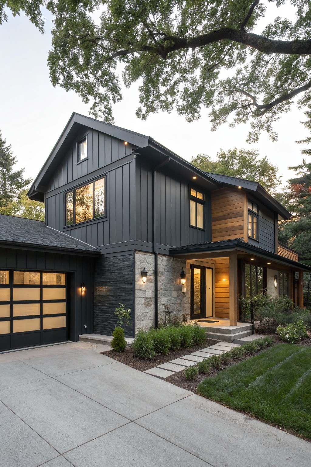 A two-story modern farmhouse exterior with dark gray vertical siding, sections of horizontal wood cladding, a stone base, black garage door, and a covered entry porch.