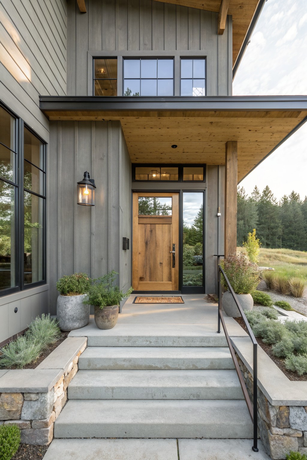 Modern gray house entrance with wooden door, concrete steps, potted plants and lantern