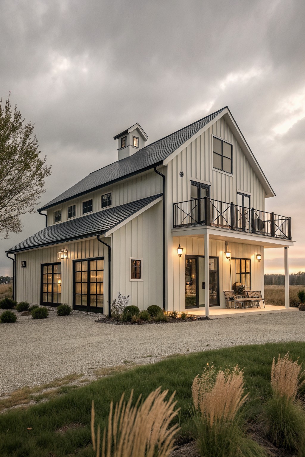 A white modern barn-style house with black metal roof, cupola, large black-framed windows, and a second-floor balcony viewed from the driveway side.
