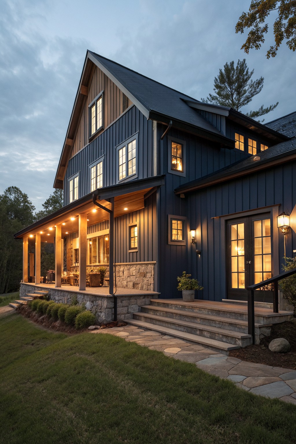 A two-story barn-style house with dark blue vertical siding, a stone foundation, a covered porch with wooden posts, lit windows, and stone steps leading to the front doors.