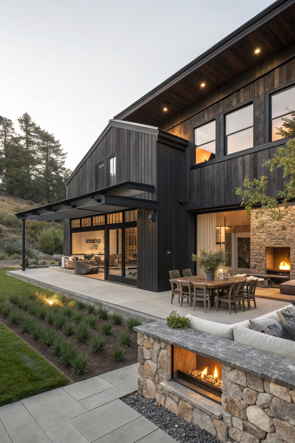 A modern two-story barn-style house with dark wood siding, large windows, a covered patio with dining table, and a stone outdoor fireplace area.