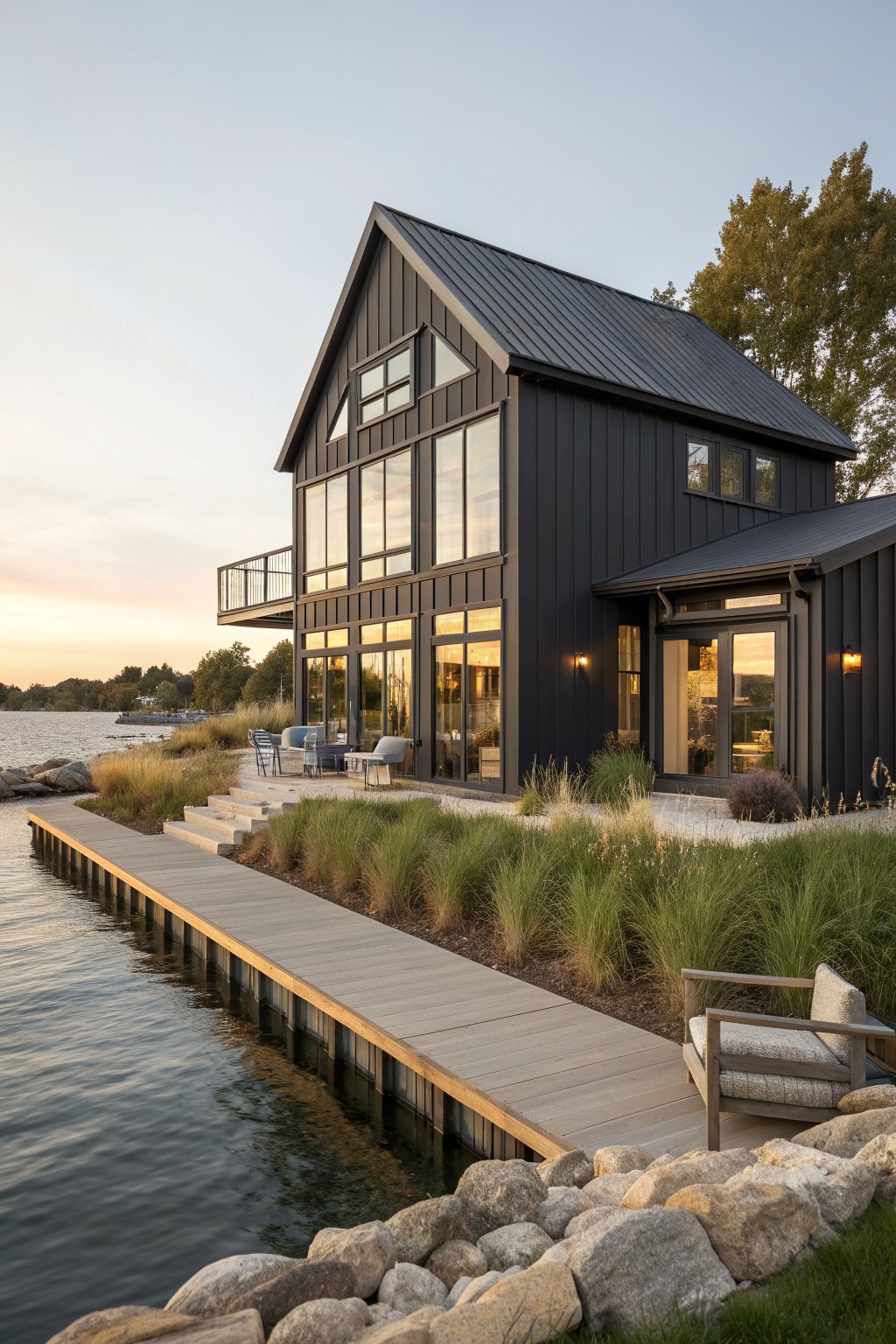 A two-story modern barn-style house with black vertical siding, large windows, and a gabled metal roof sits next to a wooden dock over water with rocks and grass in the foreground.