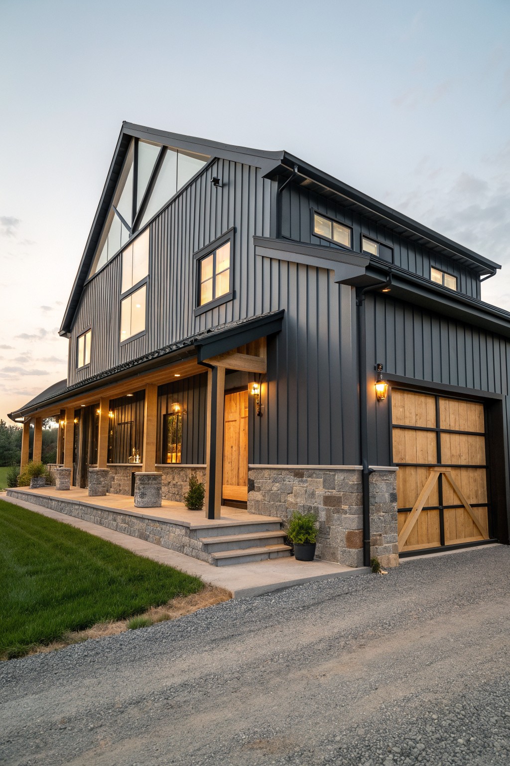 A modern barn-style house exterior with dark vertical siding, a stone foundation, wooden garage doors, and a covered porch with steps.