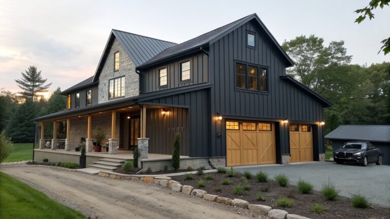 A modern barn-style house exterior with dark vertical siding, a stone foundation, wooden garage doors, and a covered porch with steps.