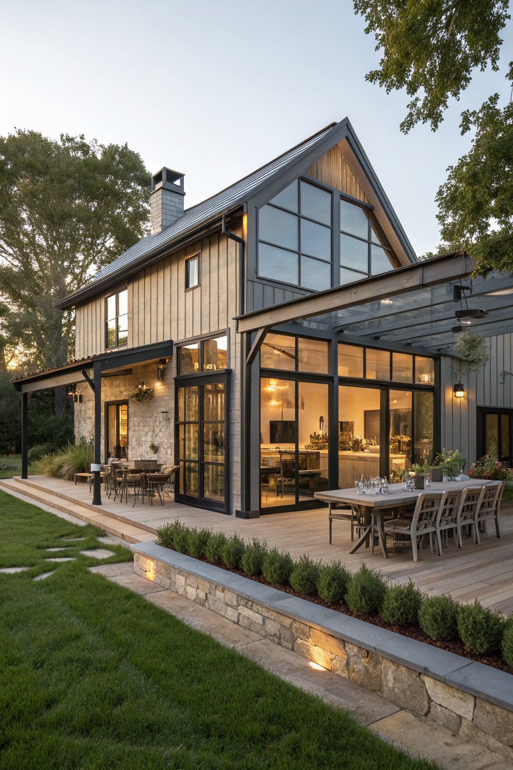 Modern wooden house with large glass windows and outdoor dining patio at dusk