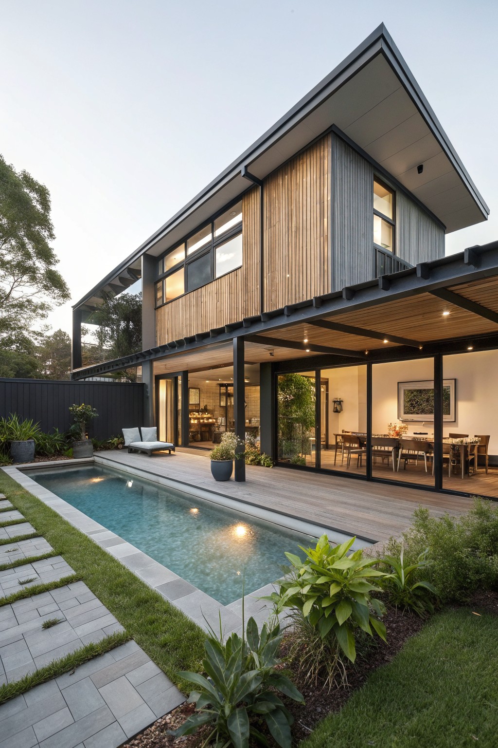 A modern two-story barn-style house with vertical wood siding, dark metal roof and trim, large windows, and a long swimming pool beside a wooden deck.