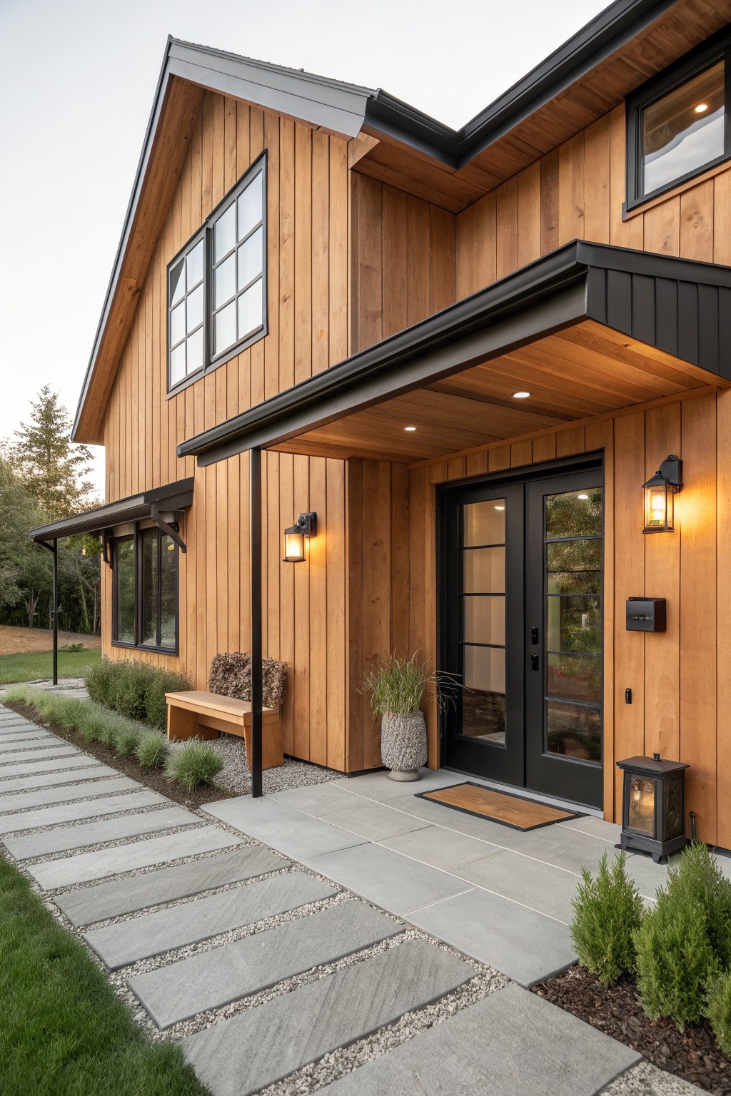 Modern wooden house with black double doors, covered porch, stone pathway, and lanterns