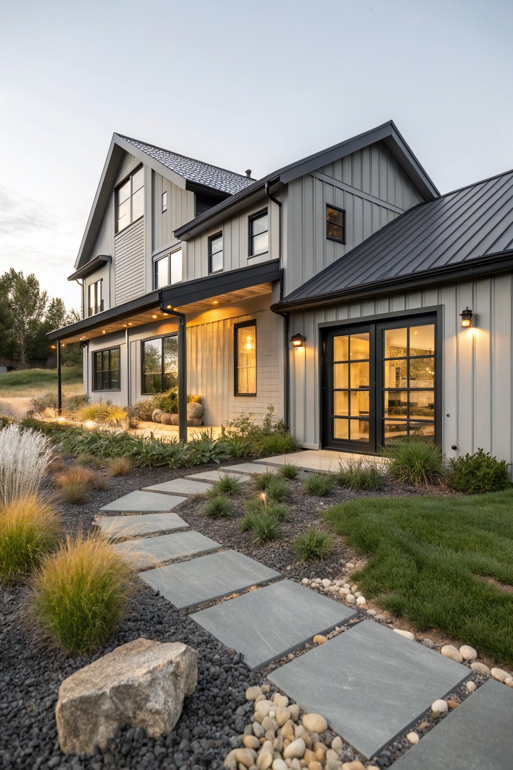 A modern barn-style house exterior with light gray vertical siding, a dark metal roof, black-framed doors and windows, and a stone pathway through gravel and landscaping.