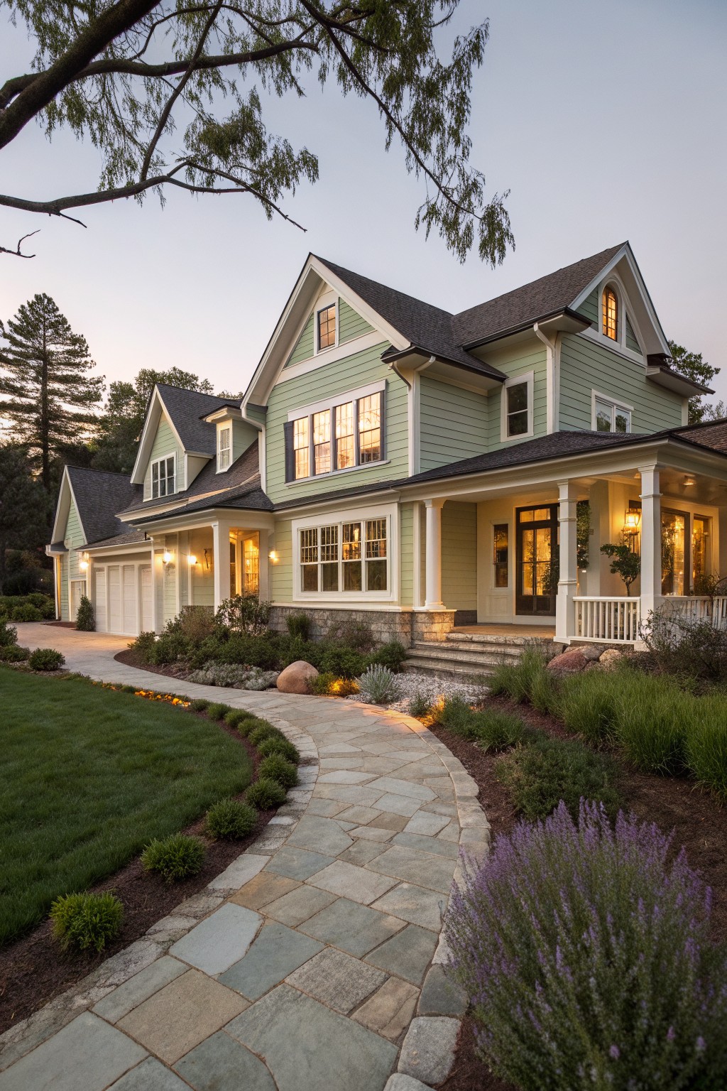 A two-story light green house with white trim, multiple dark gabled roofs, a stone porch, and a curving stone walkway through landscaped front yard.