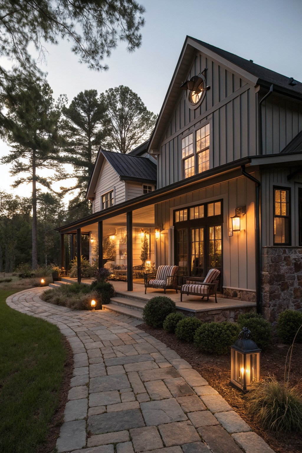 A modern barn-style house with gray vertical siding, a stone foundation on the right side, a covered porch with striped chairs, and a curving stone pathway lined with low lights at dusk.